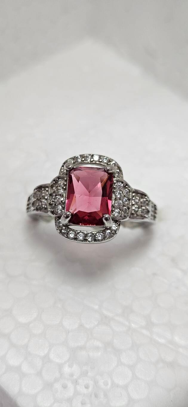 Rectangular Ruby-Tone CZ Halo Silver Ring