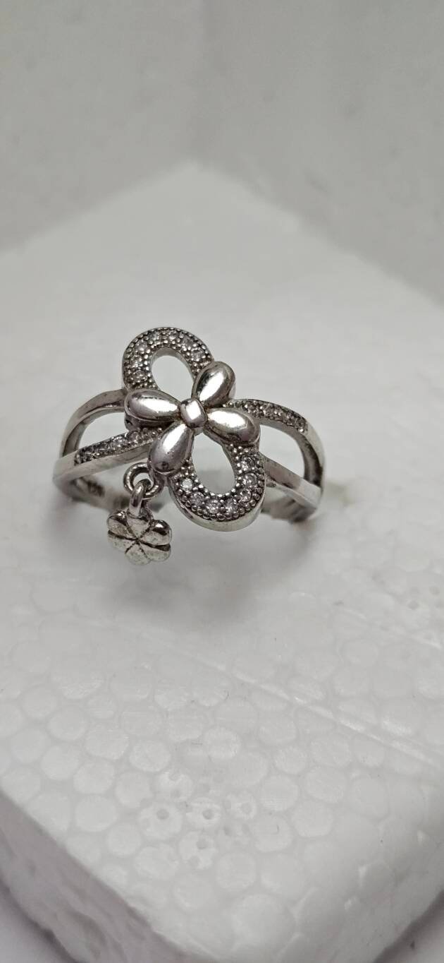 Bow & Flower Charm CZ Silver Cocktail Ring