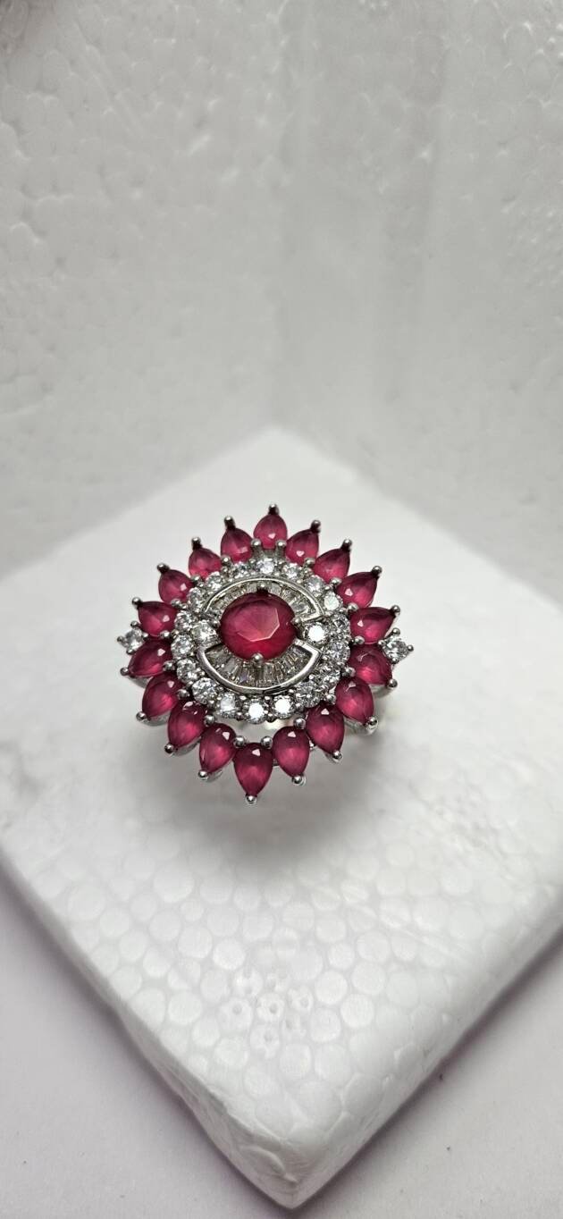 Ruby CZ Floral Cluster Silver Cocktail Ring
