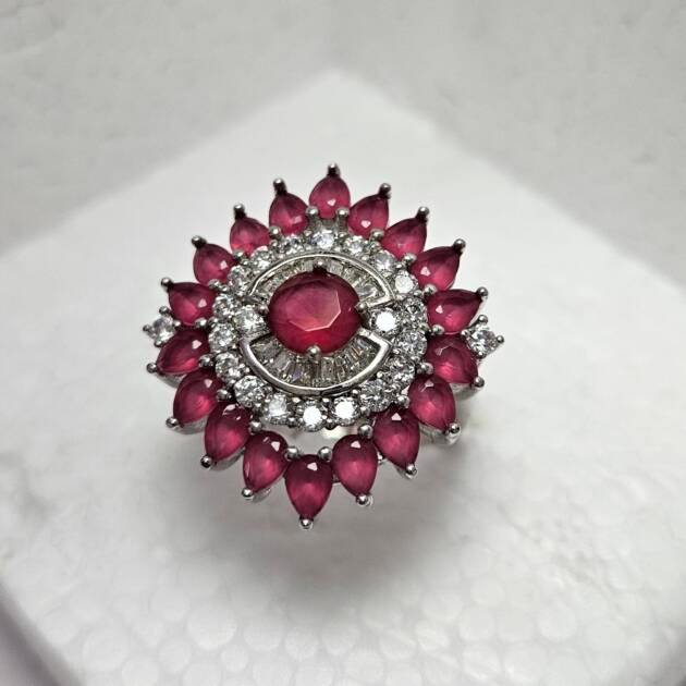 Ruby CZ Floral Cluster Silver Cocktail Ring