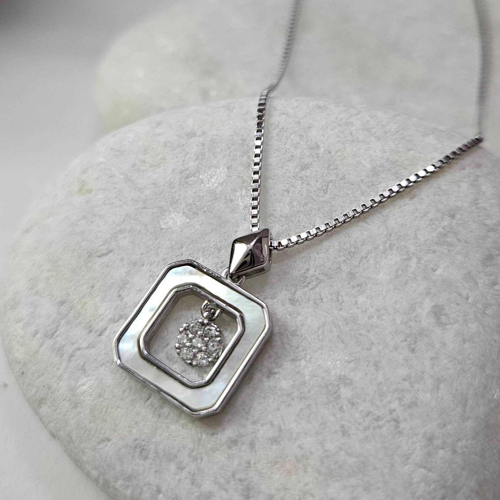 Floating Sparkle Square Silver Pendant Necklace