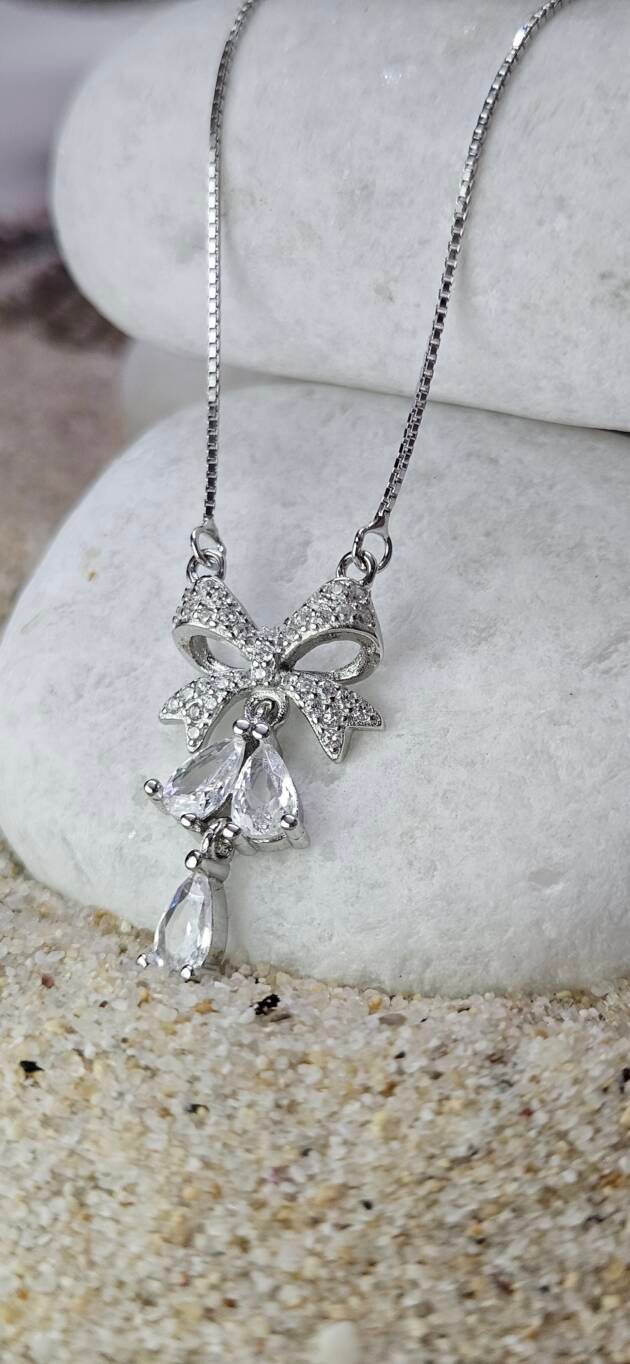 Bow Drop Sparkle Silver Pendant Necklace