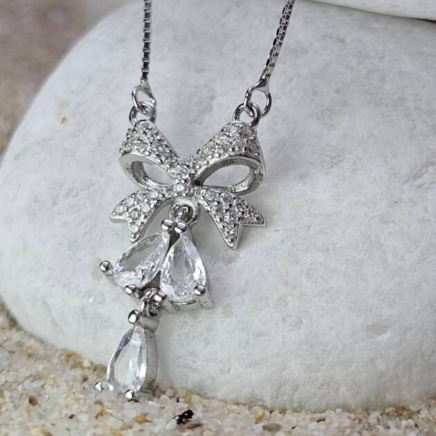 Bow Drop Sparkle Silver Pendant Necklace